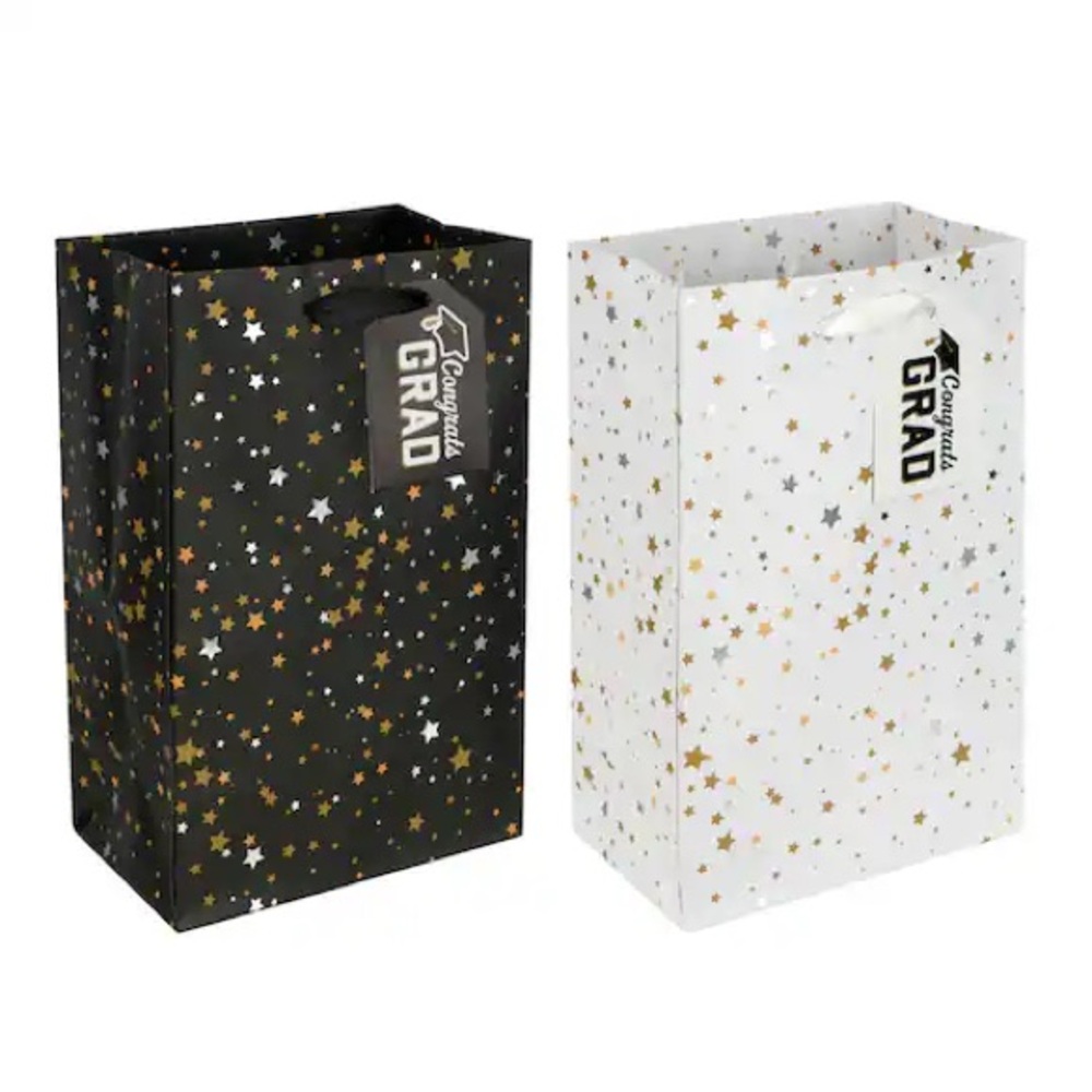 4pc Congrats Grad Gift Bags in Starry Black and White with Stars by Celebrate It